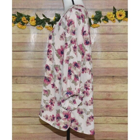 Krazy Kat Chiffon Pink Floral Blouse Roll Tab Sleeve Plus 3X Causal Night Out - Picture 5 of 11